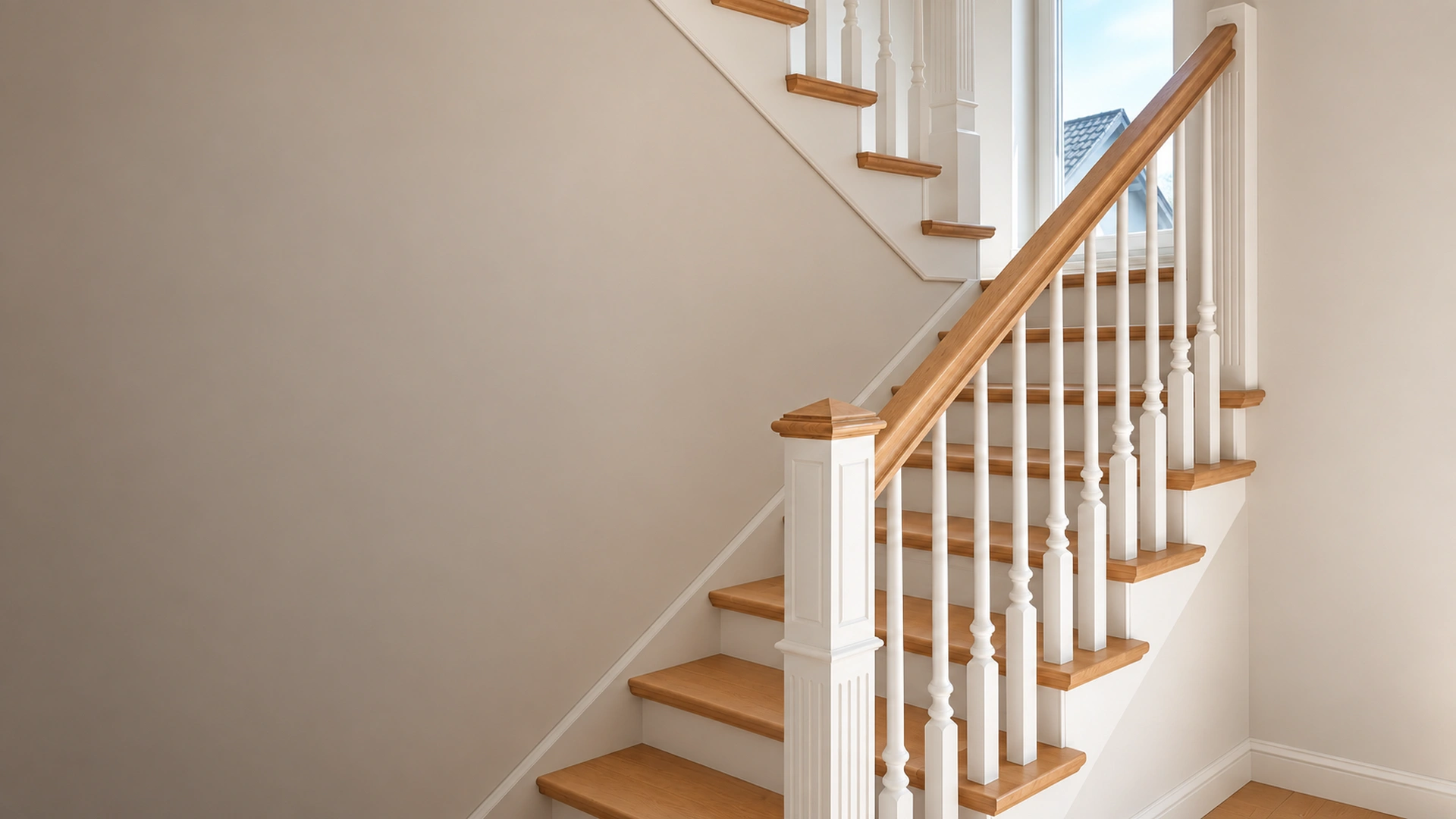 Klassische Treppe mit warmen Holzstufen und weißem Geländer